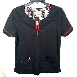 Koi Limited Edition Women’s Scrub Top Size Small Black With Floral & Red Accents